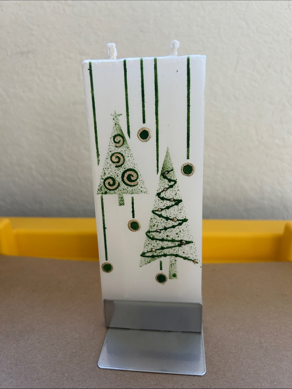 Festive White & Green Christmas Tree Pillar Candle